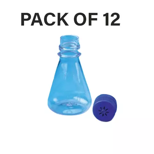 Tarson 250 ml Erlenmeyer Cell Culture Flask Sterile Flat Base, PC with Blue HDPE Vented Closure, 444220 (Pack of 12)