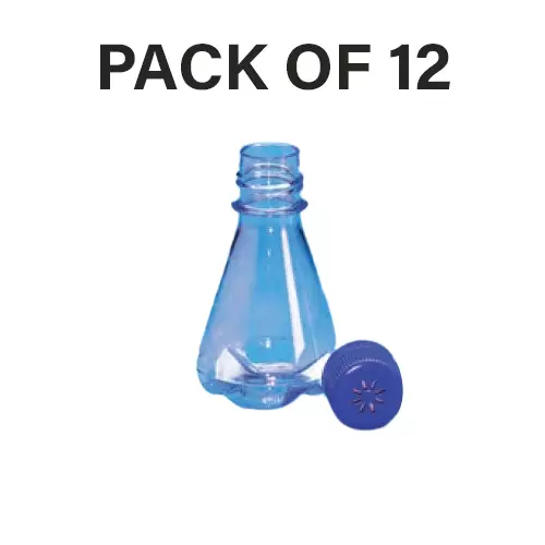 Tarson 500 ml Erlenmeyer Cell Culture Flask Sterile Baffled Base, PC with Blue HDPE Vented Closure, 445230 (Pack of 12)