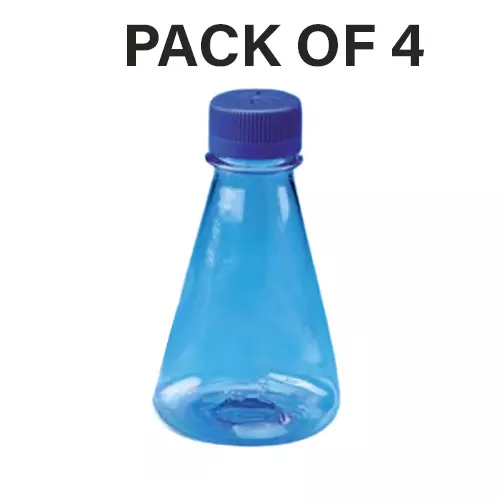 Tarson 3 L Erlenmeyer Cell Culture Flask Sterile Flat Base, PC with Blue HDPE Vented Closure, 444260 (Pack of 4)
