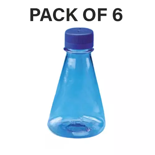 Tarson 1 L Erlenmeyer Cell Culture Flask Sterile Flat Base, PC with Blue HDPE Vented Closure, 444240 (Pack of 6)