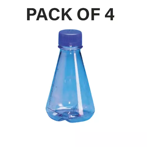 Tarson 2 L Erlenmeyer Cell Culture Flask Sterile Baffled Base, PC with Blue HDPE Vented Closure, 445250 (Pack of 4)