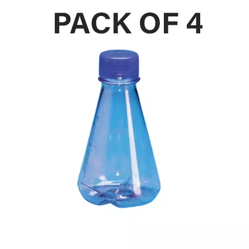 Tarson 3 L Erlenmeyer Cell Culture Flask Sterile Baffled Base, PC with Blue HDPE Vented Closure, 445260 (Pack of 4)