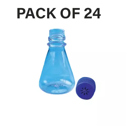 Tarson 125 ml Erlenmeyer Cell Culture Flask Sterile Flat Base, PC with Blue HDPE Vented Closure, 444210 (Pack of 24)