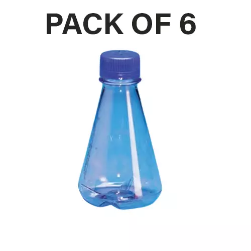 Tarson 1 L Erlenmeyer Cell Culture Flask Sterile Baffled Base, PC with Blue HDPE Vented Closure, 445240 (Pack of 6)