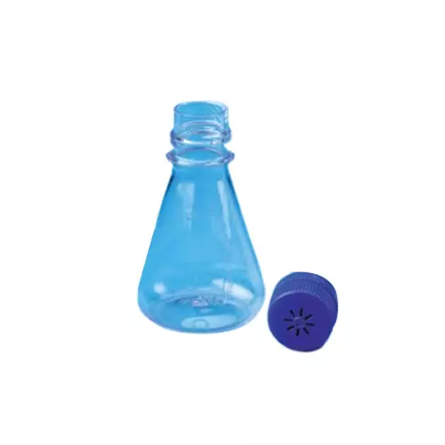 Tarson 500 ml Erlenmeyer Cell Culture Flask Sterile Flat Base, PC with Blue HDPE Vented Closure, 444230 (Pack of 12)