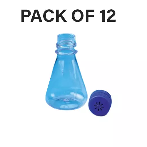 Tarson 500 ml Erlenmeyer Cell Culture Flask Sterile Flat Base, PC with Blue HDPE Vented Closure, 444230 (Pack of 12)