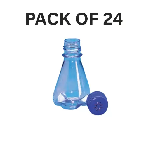 Tarson 125 ml Erlenmeyer Cell Culture Flask Sterile Baffled Base, PC with Blue HDPE Vented Closure, 445210 (Pack of 24)