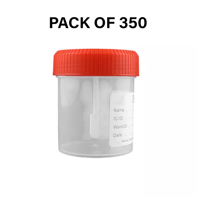 Abdos 60 ml Sample Container for Stool with Spoon and Label Sterile and Individually Wrapped, P40120 (Pack of 350)