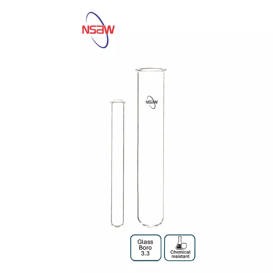 NSAW Test Tube With Rim 13 ml Round Bottom 1.2 mm (0.04 inch) Thickness Borosilicate 3.3 Glass Transparent (Pack of 100)