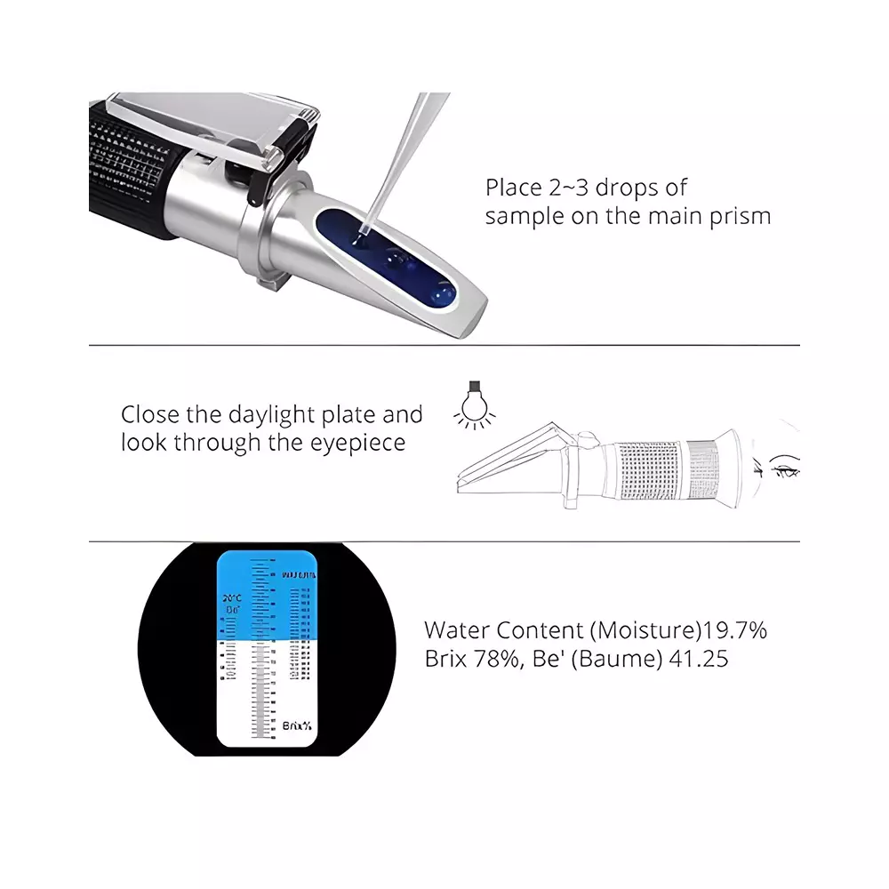 Bysafe 3-in-1 Honey Refractometer With ATC, Moisture 12-27%, Brix 58-90%, Baume 38-43% Range for Laboratories, 5J-OGJT-0D8H