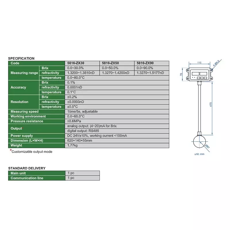 insize-online-refractometer-with-0-30-brix-06-mpa-pressure-resistance-and13200--13810-nd-refractivity-5816-zx30