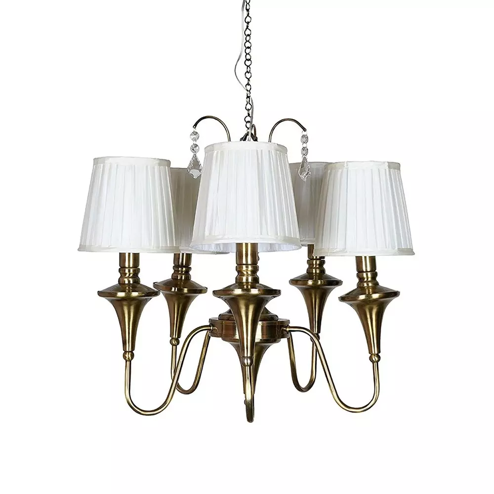 Fos Lighting Transitional Chandlier Light with Pleated Fabric Shades 5 Light Antique Brass Finish 40 W