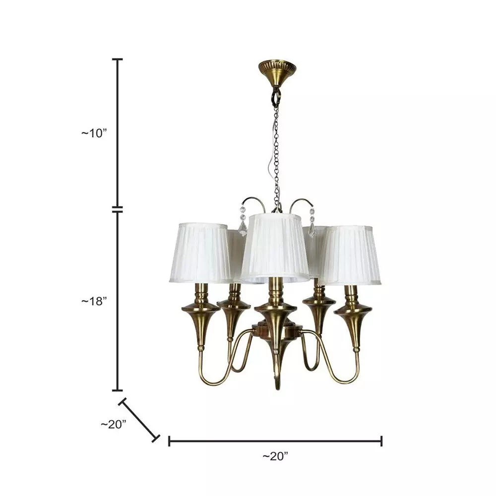 Fos Lighting Transitional Chandlier Light with Pleated Fabric Shades 5 Light Antique Brass Finish 40 W