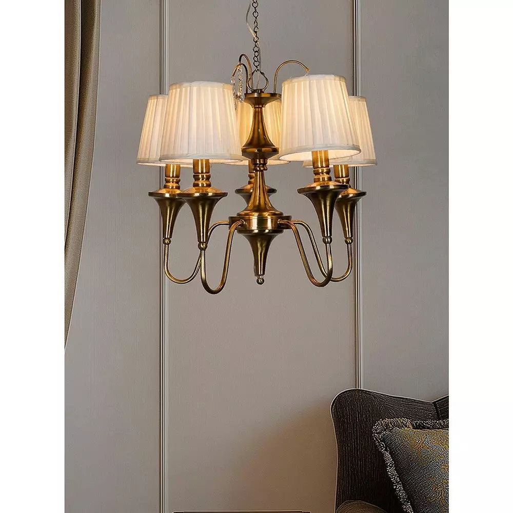 Fos Lighting Transitional Chandlier Light with Pleated Fabric Shades 5 Light Antique Brass Finish 40 W