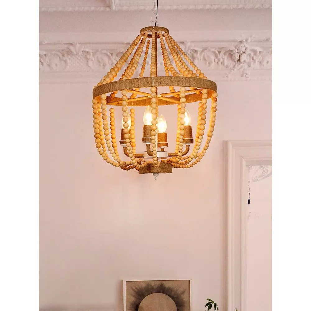 Fos Lighting Chandlier Light Natural Wood Bead Empire Chandelier