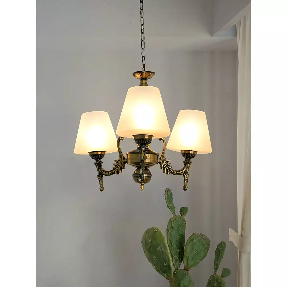 Fos Lighting Mini Ceiling Chandelier Hanging Light 40 W Mild Steel Brass Antique, Corn-MS-BRSA-TaperFrost-CH3
