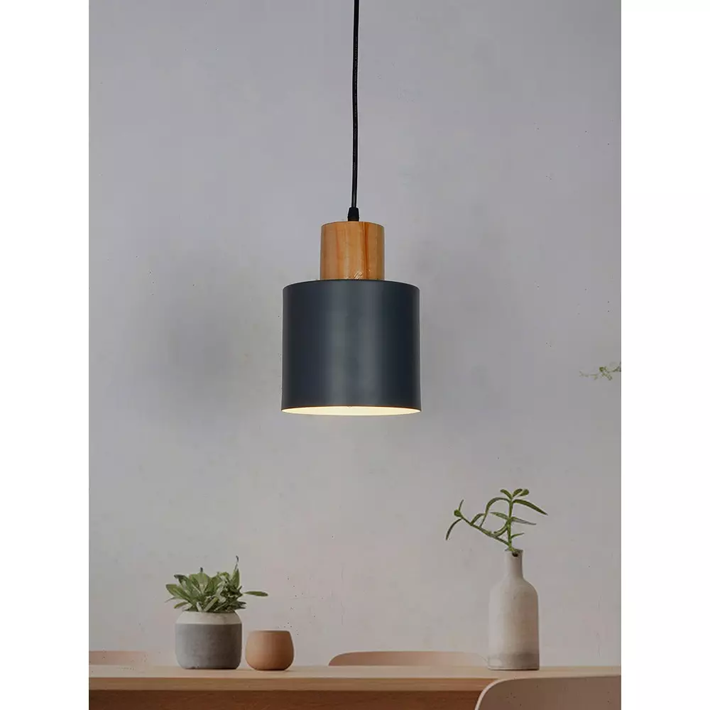 Fos Lighting Scandinavian Pendant Light 40 W Mild Steel Grey, MO111Cylinder-GreyWood-HL1