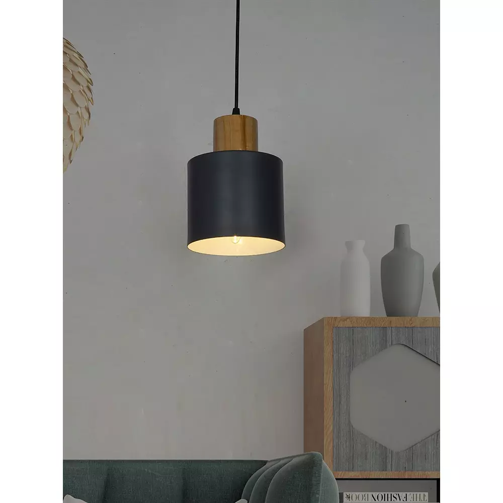 Fos Lighting Scandinavian Pendant Light 40 W Mild Steel Grey, MO111Cylinder-GreyWood-HL1