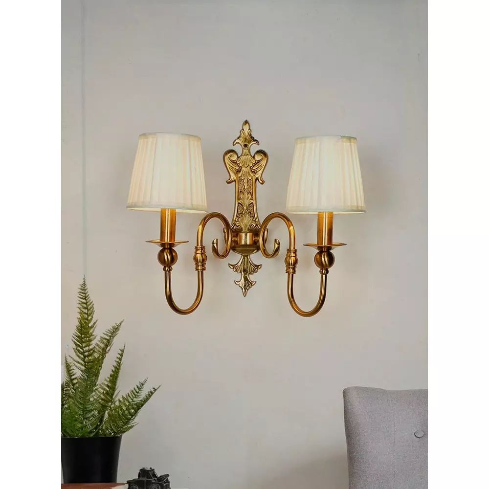 Fos Lighting Wall Light Gold European-style Double Light Steel Wall Sconce With 6 Inch Pleated Fabric Shades