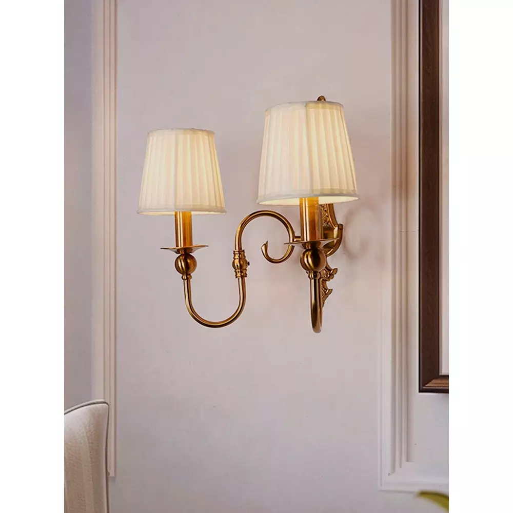 Fos Lighting Wall Light Gold European-style Double Light Steel Wall Sconce With 6 Inch Pleated Fabric Shades