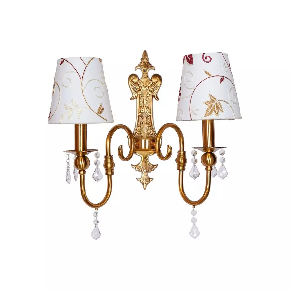 Fos Lighting Wall Light Victoria Antique Brass Double Wall Sconce with White Kashmiri Embroidered Shades