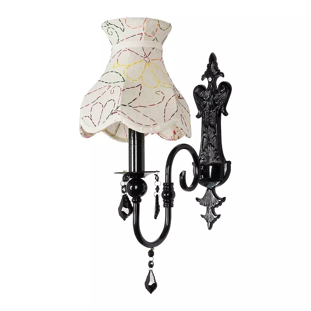 Fos Lighting Wall Light Black Wall Sconce with Green Embroidered Scalloped Shade and Crystals