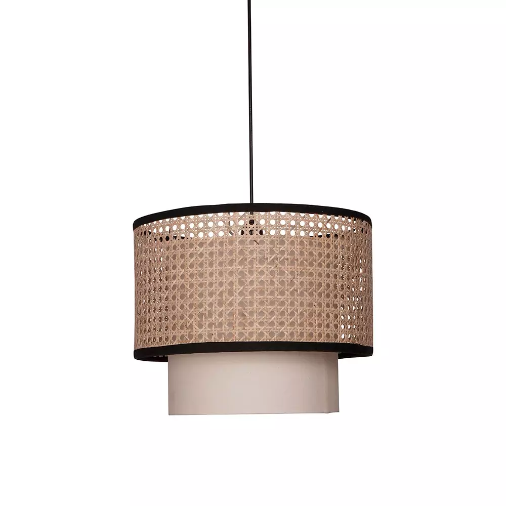 Fos Lighting Ceiling Light With Concentric 40 W Cane, Fabric Natural, CaneFabric-2Drum-14-HL1