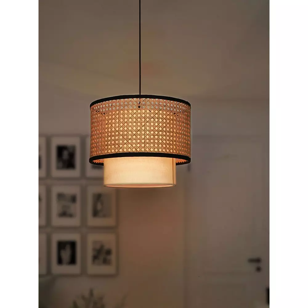 Fos Lighting Ceiling Light With Concentric 40 W Cane, Fabric Natural, CaneFabric-2Drum-14-HL1