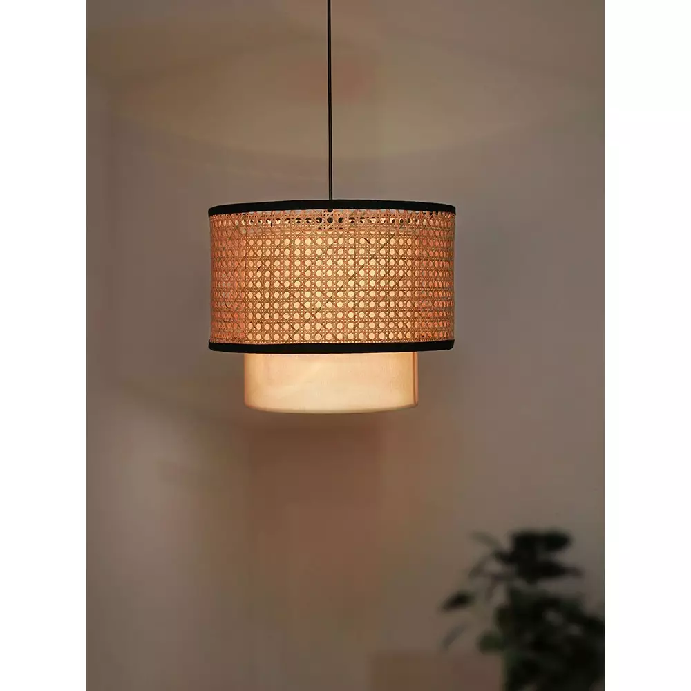 Fos Lighting Ceiling Light With Concentric 40 W Cane, Fabric Natural, CaneFabric-2Drum-14-HL1
