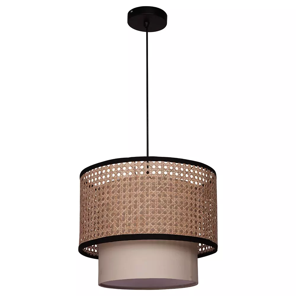 Fos Lighting Ceiling Light With Concentric 40 W Cane, Fabric Natural, CaneFabric-2Drum-14-HL1