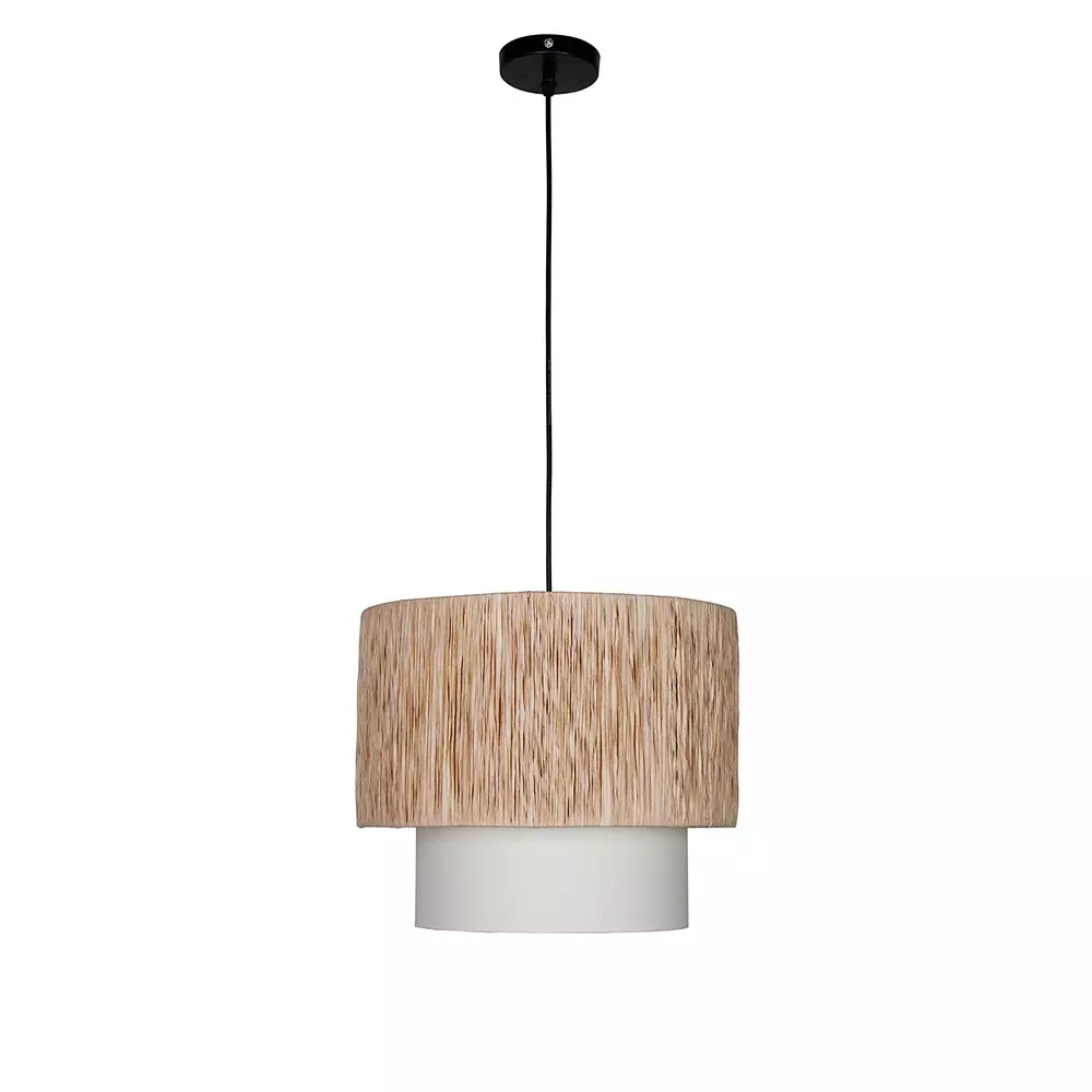 Fos Lighting Wide Double Drum Pendant Light 40 W Fabric, Cotton Natural, Rafia-2Drum-14-HL1