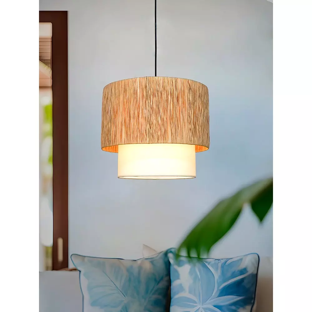 Fos Lighting Wide Double Drum Pendant Light 40 W Fabric, Cotton Natural, Rafia-2Drum-14-HL1