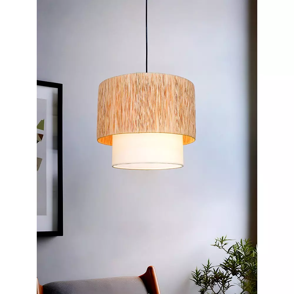 Fos Lighting Wide Double Drum Pendant Light 40 W Fabric, Cotton Natural, Rafia-2Drum-14-HL1