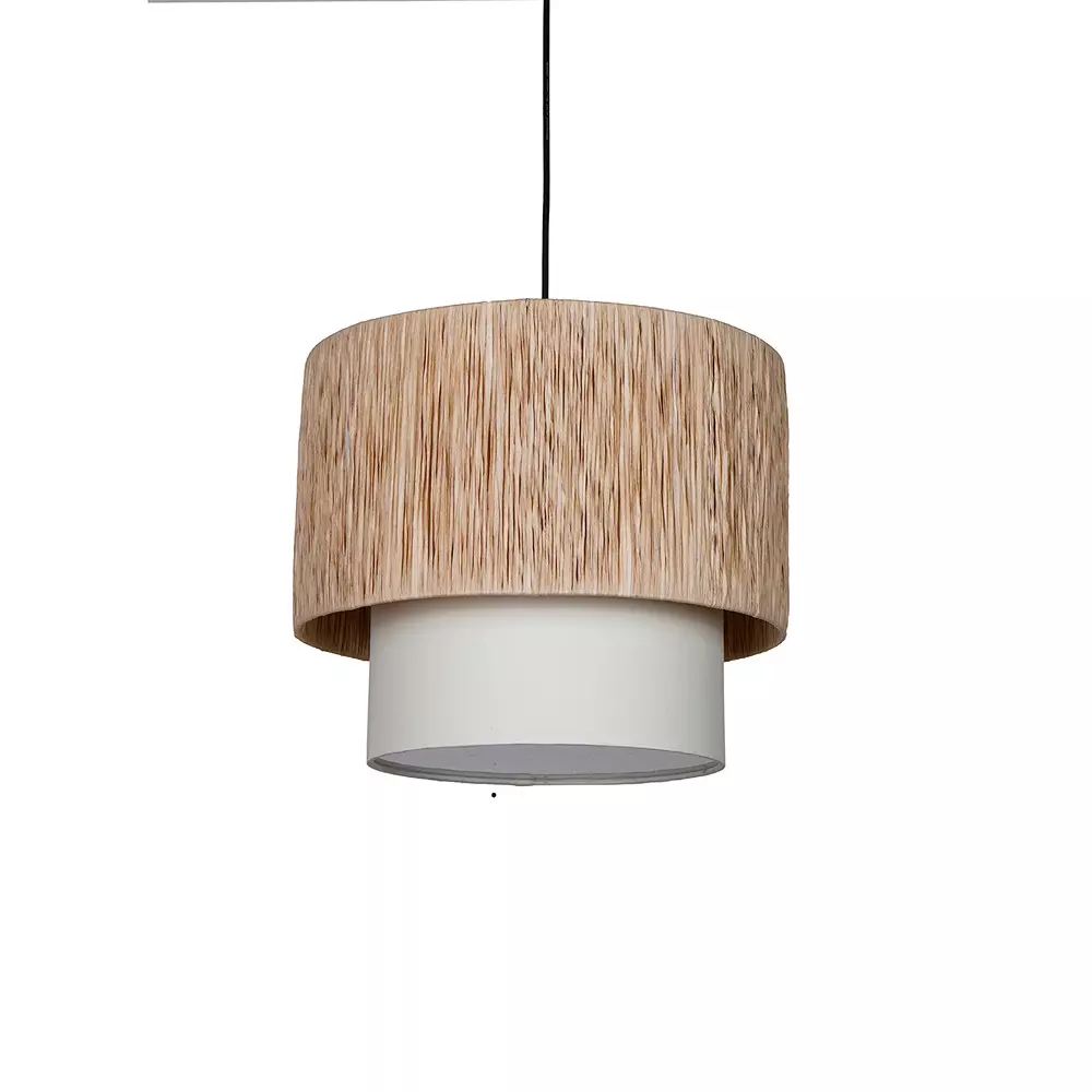 Fos Lighting Wide Double Drum Pendant Light 40 W Fabric, Cotton Natural, Rafia-2Drum-14-HL1