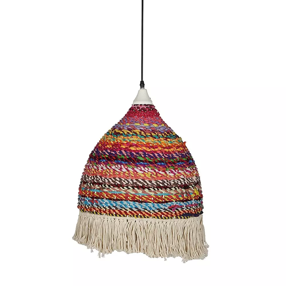 Fos Lighting Hanging Light Multicolored Repurposed Fabric & Macrame Dome Pendant Lamp