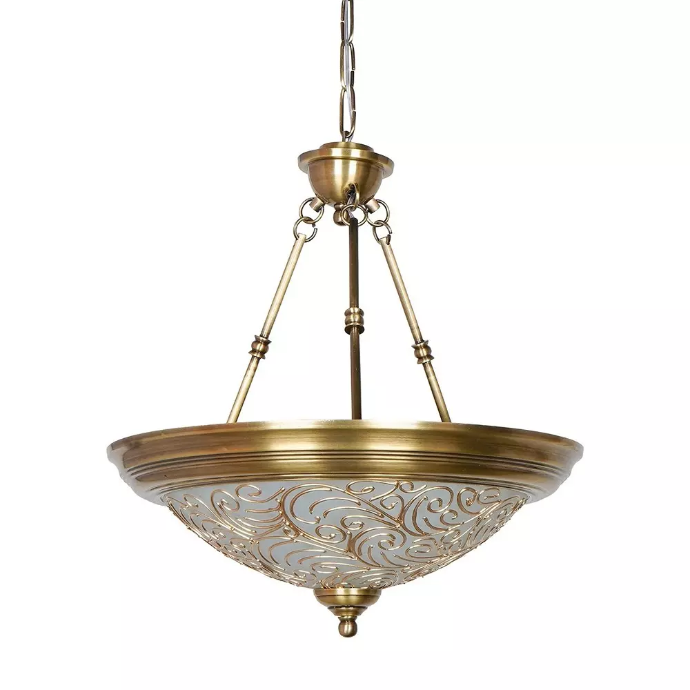 Fos Lighting Hanging Light Antique Brass Dish Pendant Lamp with Hand-Painted Frosted Glass Shade