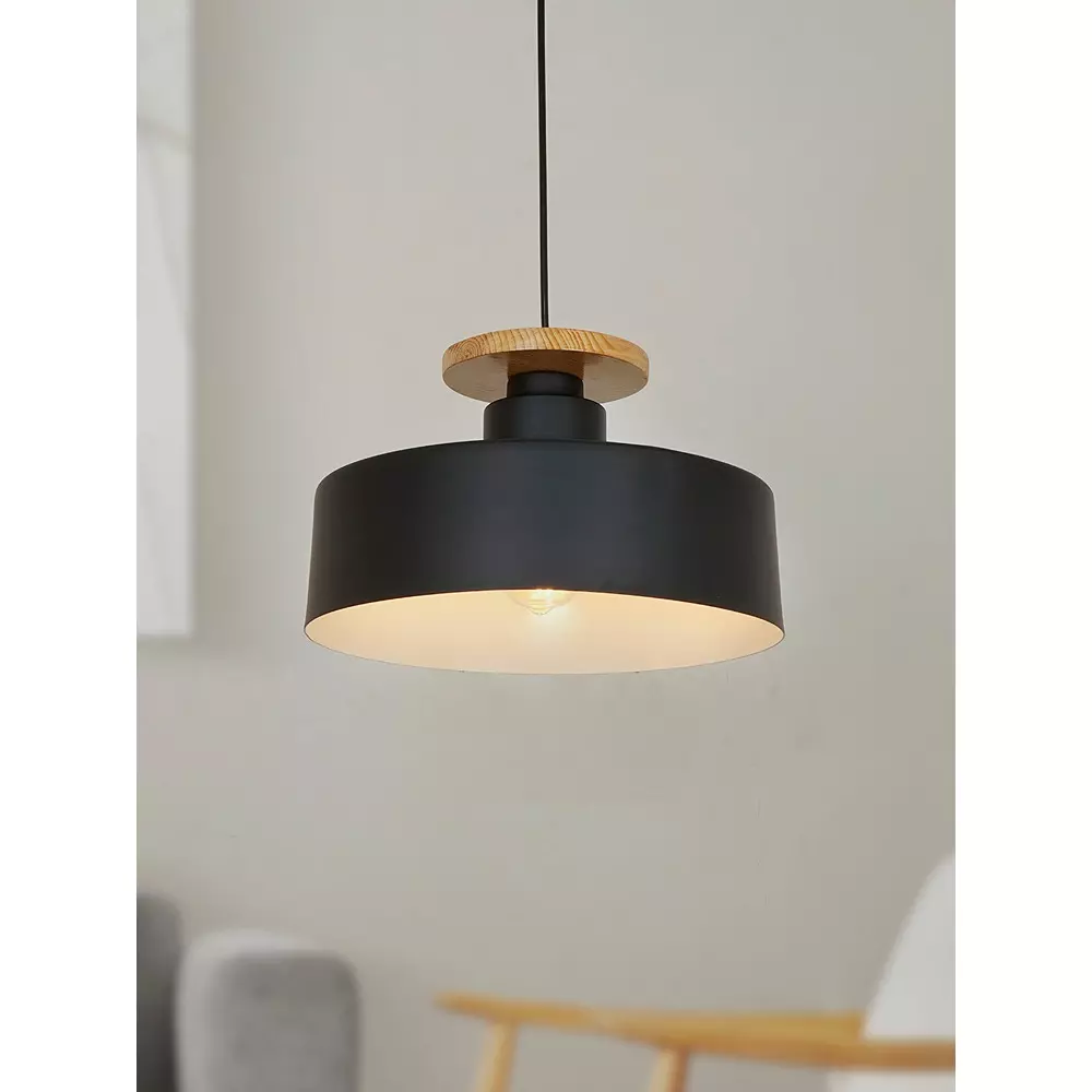Fos Lighting Nordic Pendant Light with Wooden Base 40 W Mild Steel Black, BlackWood-MS-13-HL1