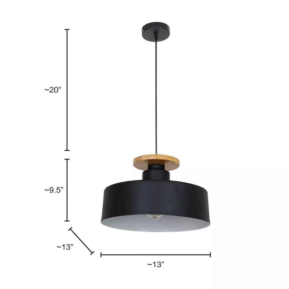 Fos Lighting Nordic Pendant Light with Wooden Base 40 W Mild Steel Black, BlackWood-MS-13-HL1