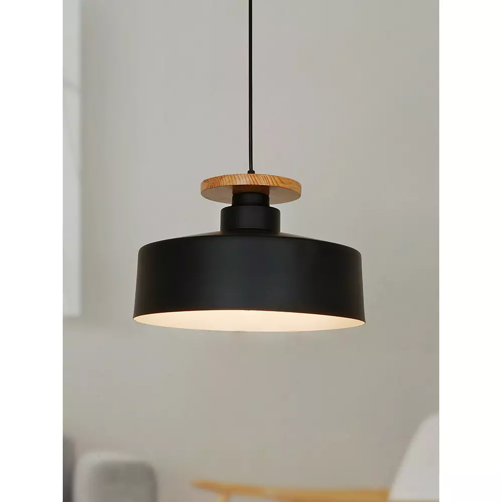 Fos Lighting Nordic Pendant Light with Wooden Base 40 W Mild Steel Black, BlackWood-MS-13-HL1