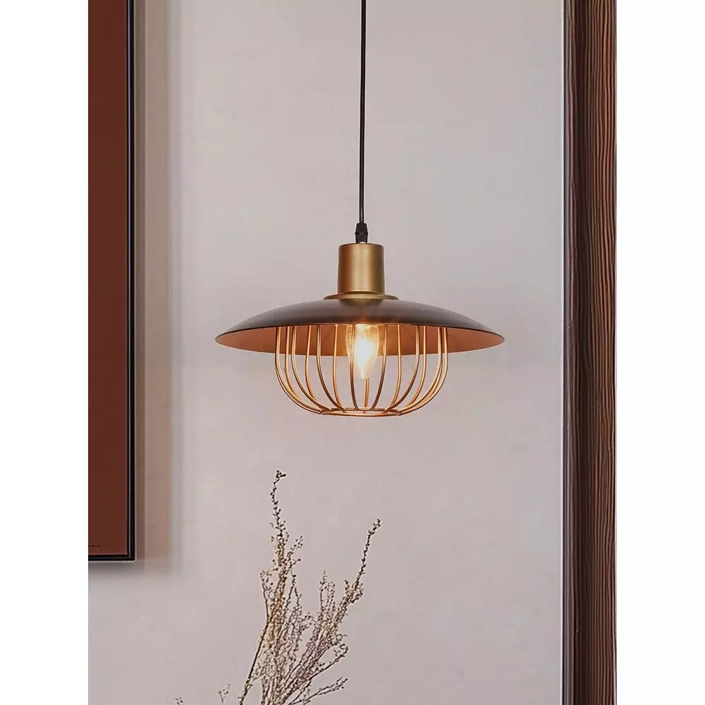 Fos Lighting Industrial Pendant Light Brown & Gold Flat Top Cage Brown Finish 40 W