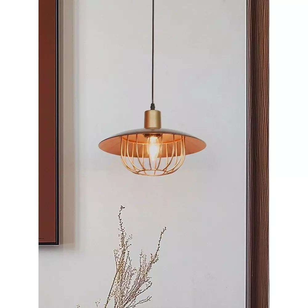 Fos Lighting Industrial Pendant Light Brown & Gold Flat Top Cage Brown Finish 40 W