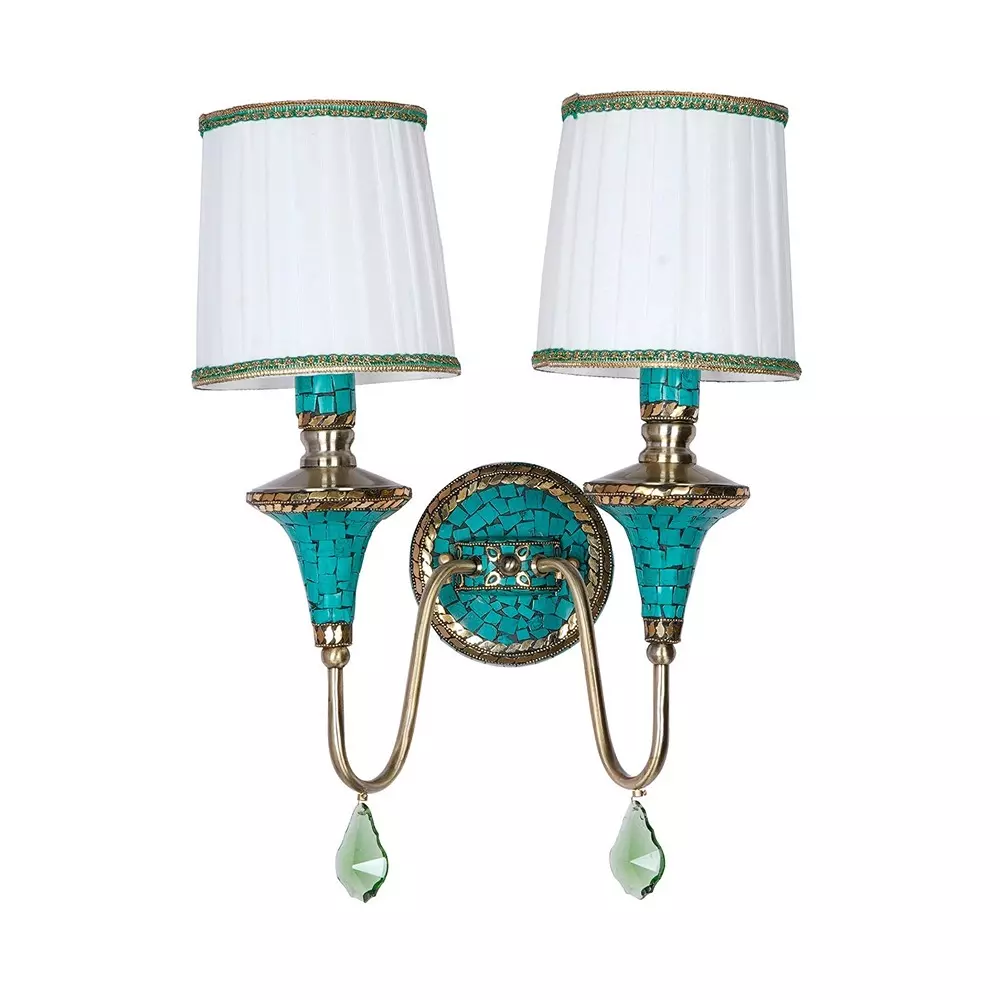 Fos Lighting Wall Light Tibetan Nepalese Double Funnel Wall Sconce with Pleated Shades and Green Stonework