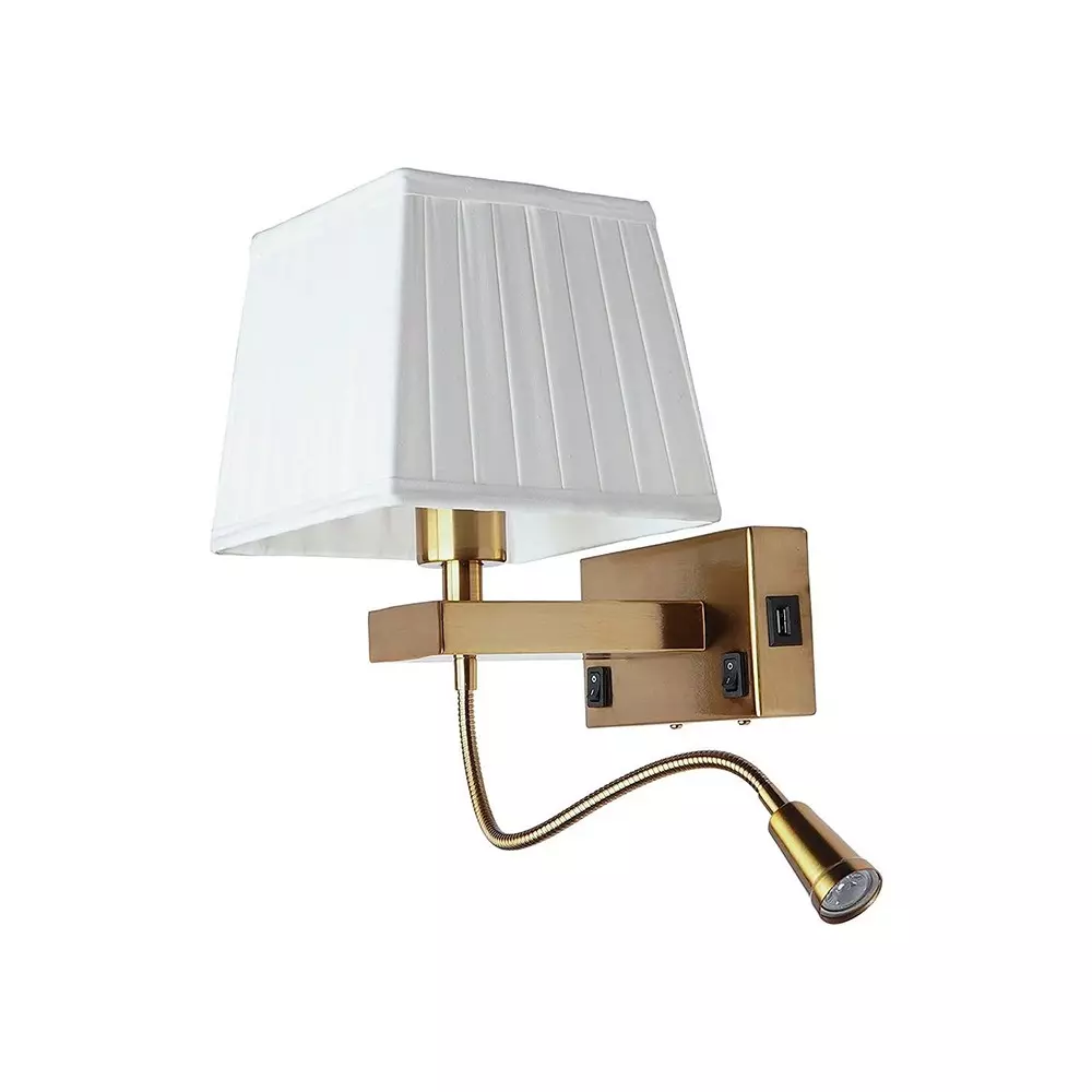 Fos Lighting Wall Light Modern Bedside Reading LED Wall Sconce with USB Charger | Brushed Brass, White Pleated Shade
