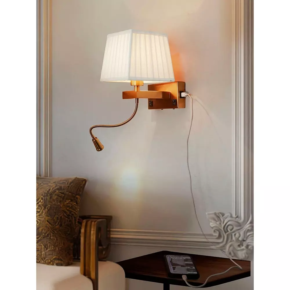 Fos Lighting Wall Light Modern Bedside Reading LED Wall Sconce with USB Charger | Brushed Brass, White Pleated Shade