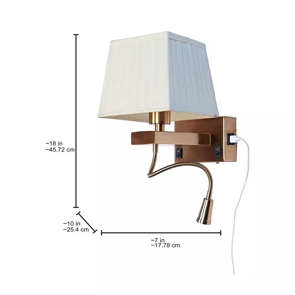Fos Lighting Wall Light Modern Bedside Reading LED Wall Sconce with USB Charger | Brushed Brass, White Pleated Shade