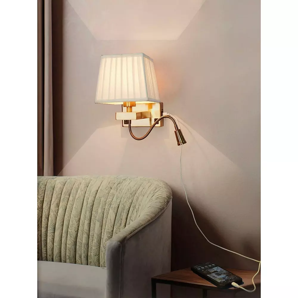 Fos Lighting Wall Light Modern Bedside Reading LED Wall Sconce with USB Charger | Brushed Brass, White Pleated Shade