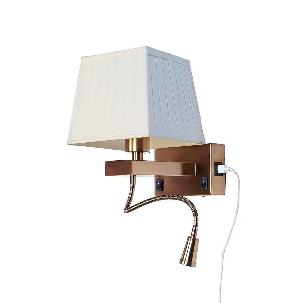 Fos Lighting Wall Light Modern Bedside Reading LED Wall Sconce with USB Charger | Brushed Brass, White Pleated Shade