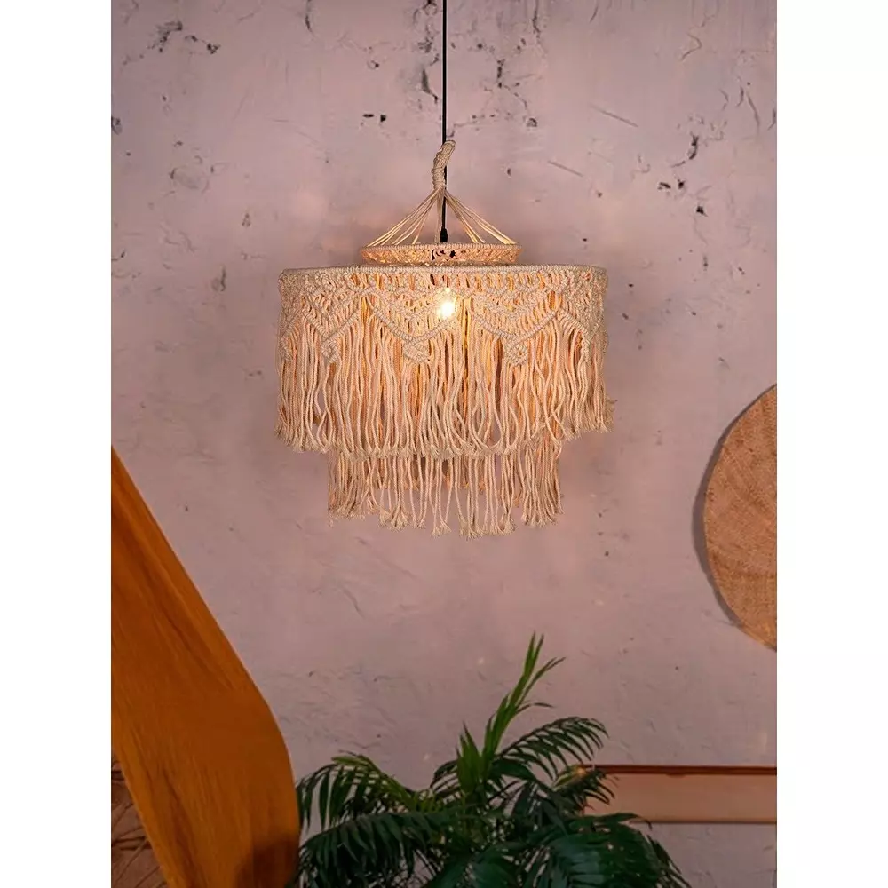 Fos Lighting Bohemian Hanging Light Natural Finish Macrame 2-Tier Drum (20 inch) 50.8 cm 40 W