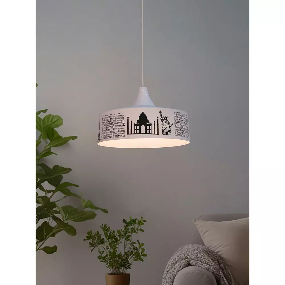 Fos Lighting Pendant Light with Iconic Landmarks 40 W Mild Steel White, MO-WonderPrint-HL1