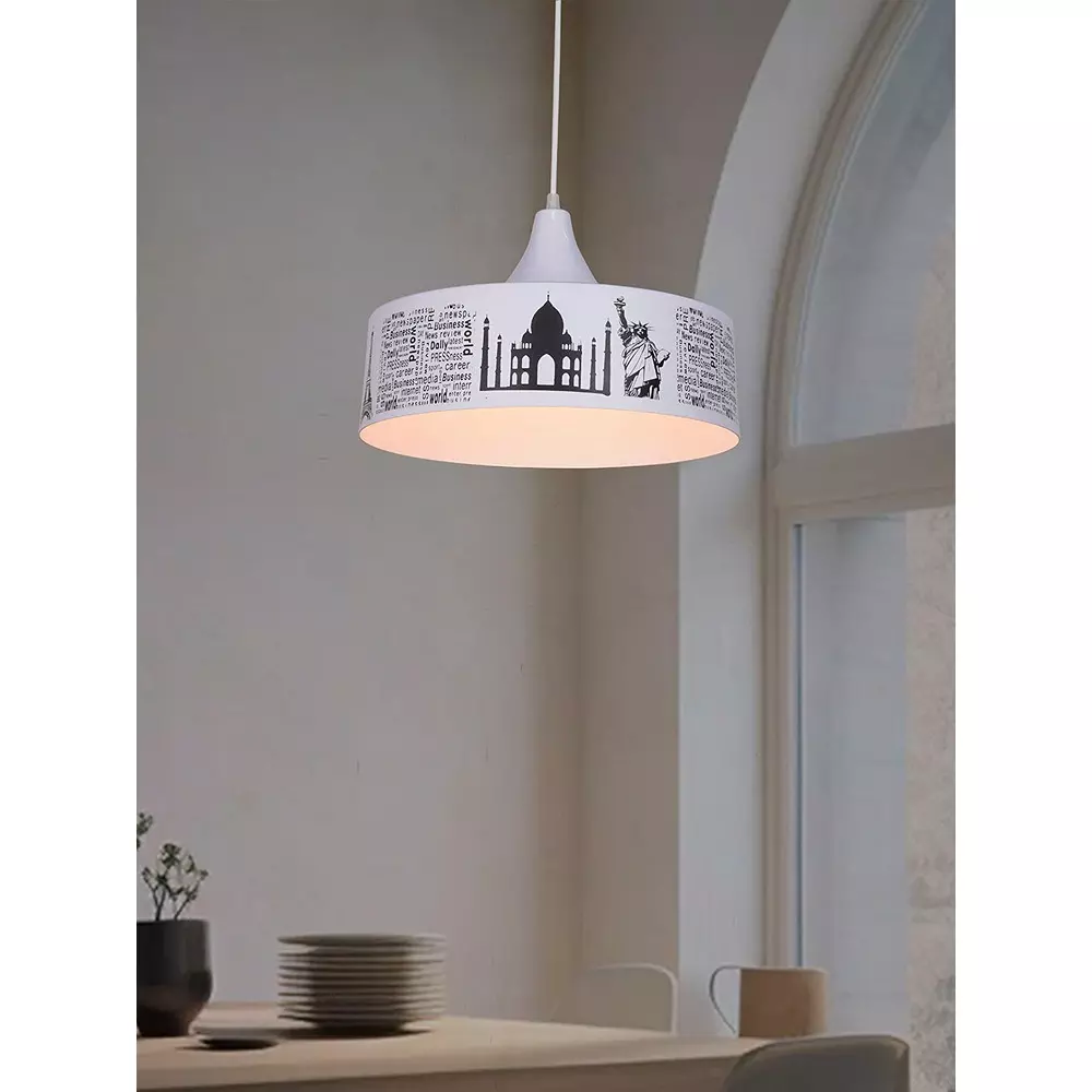 Fos Lighting Pendant Light with Iconic Landmarks 40 W Mild Steel White, MO-WonderPrint-HL1